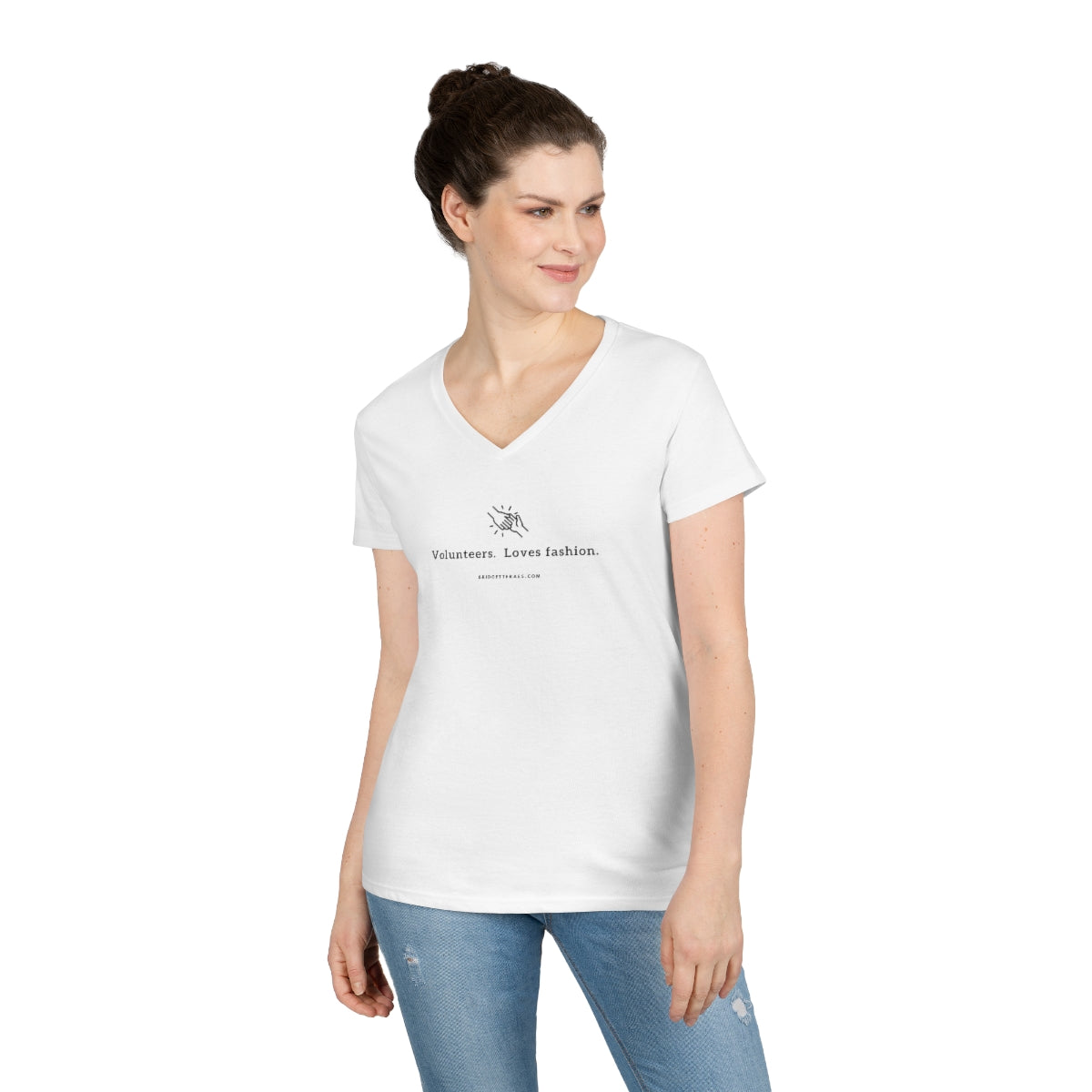 Volunteers. Loves Fashion. 100% Cotton V-Neck T-Shirt
